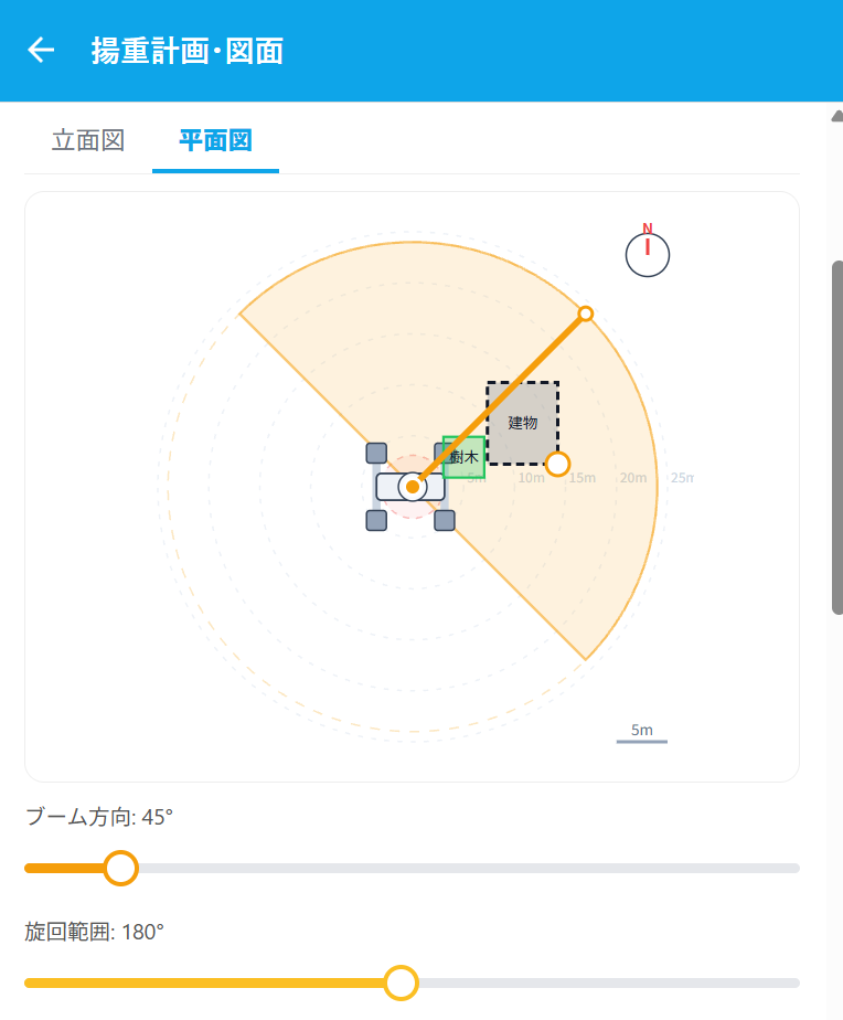 ONCRANE plan view example — working radius, slew range, tail swing and obstacles